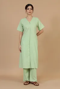 Light Green Solid Cotton Kurta with Button Detailing image 1