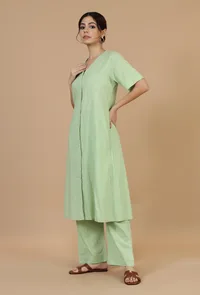 Light Green Solid Cotton Kurta with Button Detailing image 2