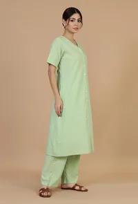 Light Green Solid Cotton Kurta with Button Detailing image 3