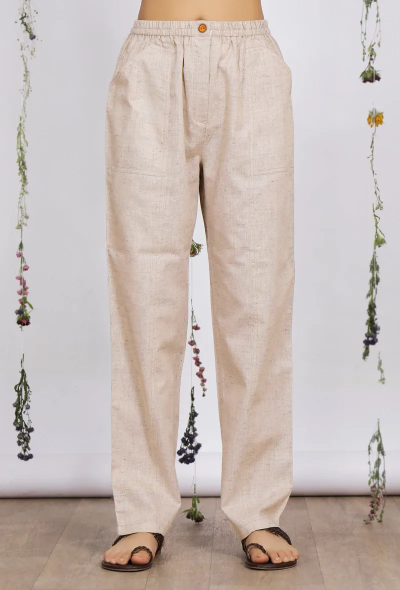 Beige Straight Cotton Khadi Pants