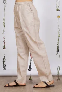 Beige Straight Cotton Khadi Pants image 3