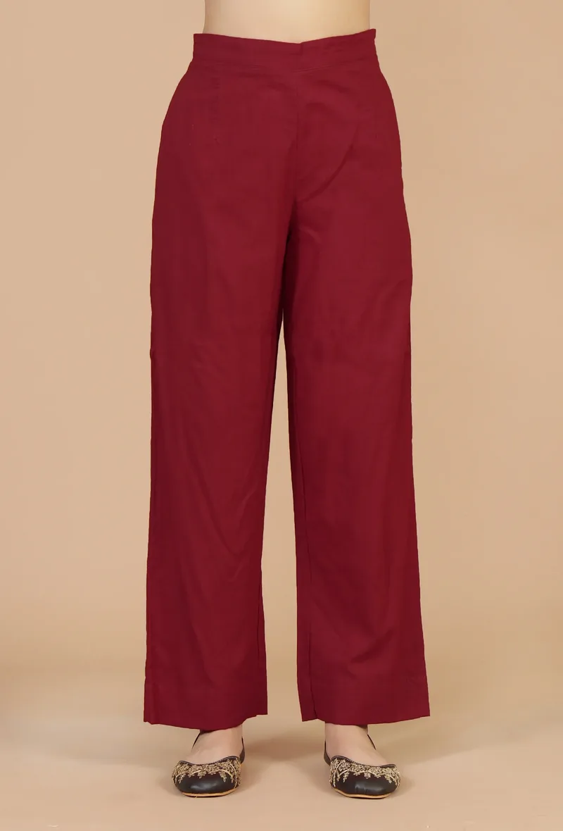 Solid Red Cotton Straight Pant