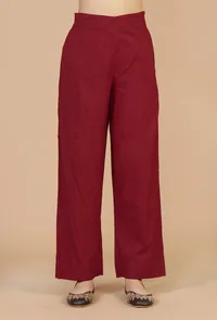 Solid Red Cotton Straight Pant image 1