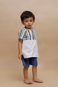 Set of 2: Off-White Multi Color Striped t Shirt and Blue Short image 2