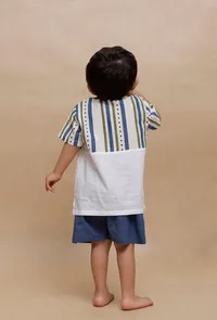 Set of 2: Off-White Multi Color Striped t Shirt and Blue Short image 3
