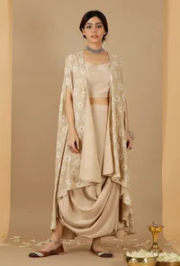 Beige Bandhani Asymmetrical Cape image 2