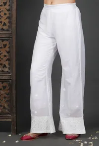 White Cotton Flower Embroidered Palazzos image 1
