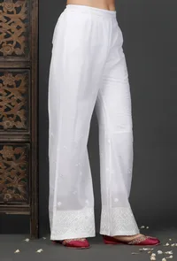 White Cotton Flower Embroidered Palazzos image 2