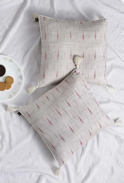Set of 2: Ivory Beige Ikat Cotton Cushion Covers