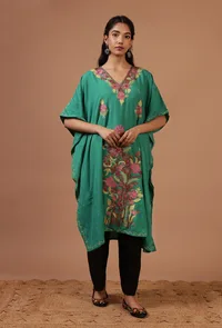 Sea Green Cotton Crush Ari Embroidered Kaftan- Free Size image 1