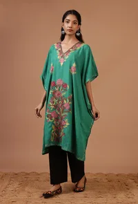 Sea Green Cotton Crush Ari Embroidered Kaftan- Free Size image 2