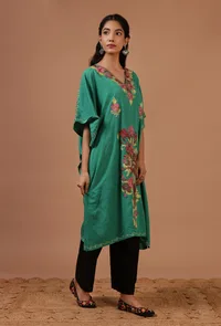Sea Green Cotton Crush Ari Embroidered Kaftan- Free Size image 3