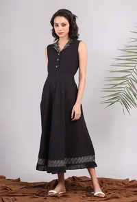 Black Midi Shirt Dress with Kantha Embroidery image 1