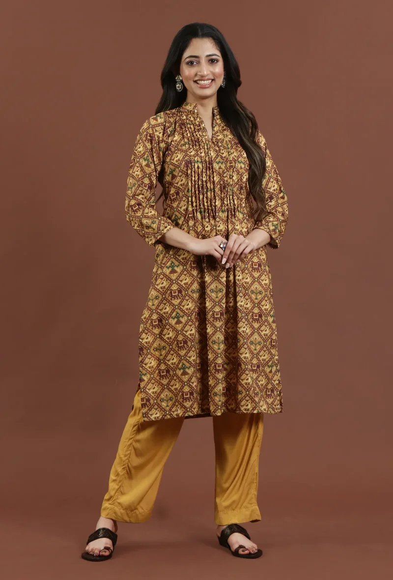Set of 2: Elegant Mustard Brown Patola Inspired Printed Tussar Silk Kurta with Solid Mustard Shantoon Pants Set