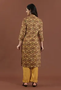Set of 2: Elegant Mustard Brown Patola Inspired Printed Tussar Silk Kurta with Solid Mustard Shantoon Pants Set image 4