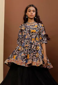 Black Kalamkari Flared Short Cotton Kurti image 1