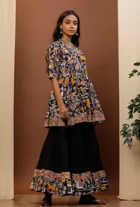 Black Kalamkari Flared Short Cotton Kurti image 2
