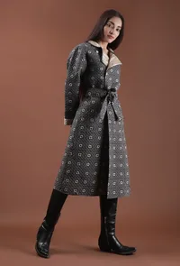 Cedar Ecru Ikat & Black Ajrakh Printed Reversible Quilted Wrap Coat image 3