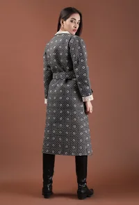 Cedar Ecru Ikat & Black Ajrakh Printed Reversible Quilted Wrap Coat image 4
