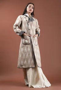Cedar Ecru Ikat & Black Ajrakh Printed Reversible Quilted Wrap Coat image 5
