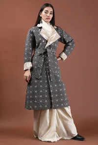 Cedar Ecru Ikat & Black Ajrakh Printed Reversible Quilted Wrap Coat image 6