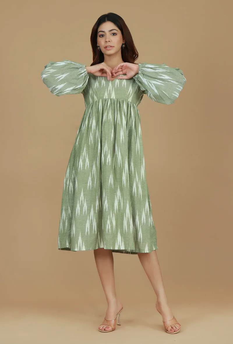 Green Ikat Printed Balloon Sleeve Dress