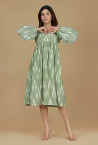 Green Ikat Printed Balloon Sleeve Dress image 1