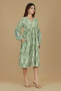 Green Ikat Printed Balloon Sleeve Dress image 2