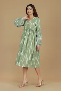 Green Ikat Printed Balloon Sleeve Dress image 3