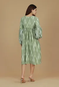 Green Ikat Printed Balloon Sleeve Dress image 4