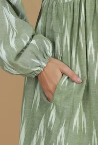 Green Ikat Printed Balloon Sleeve Dress image 5