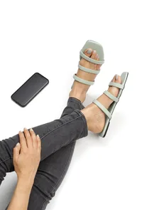 Mint Green Three Strap Cruelty Free Leather Flats image 2