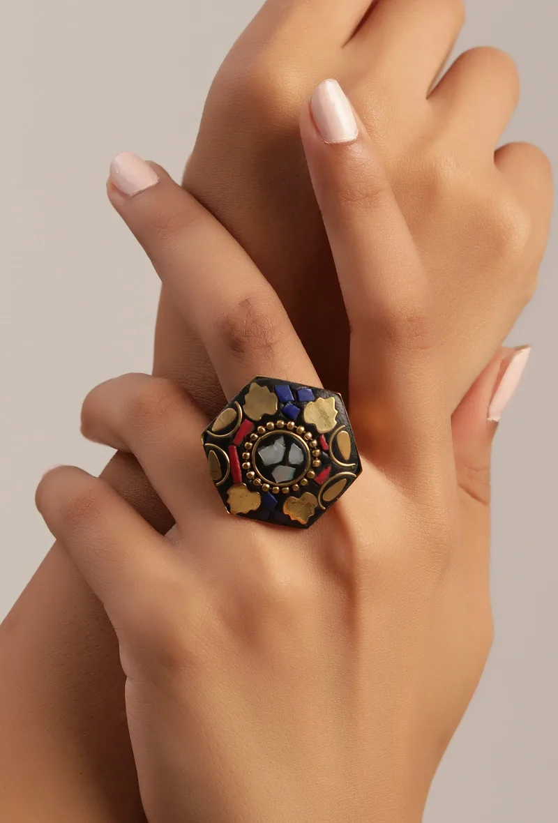 Laq Fashionable Light Weight Polygon Shaped Multi Color Ring
