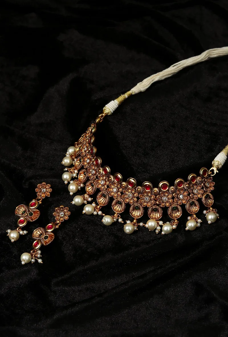Mohra Temple Heritage Kemp Necklace Set with Pearls