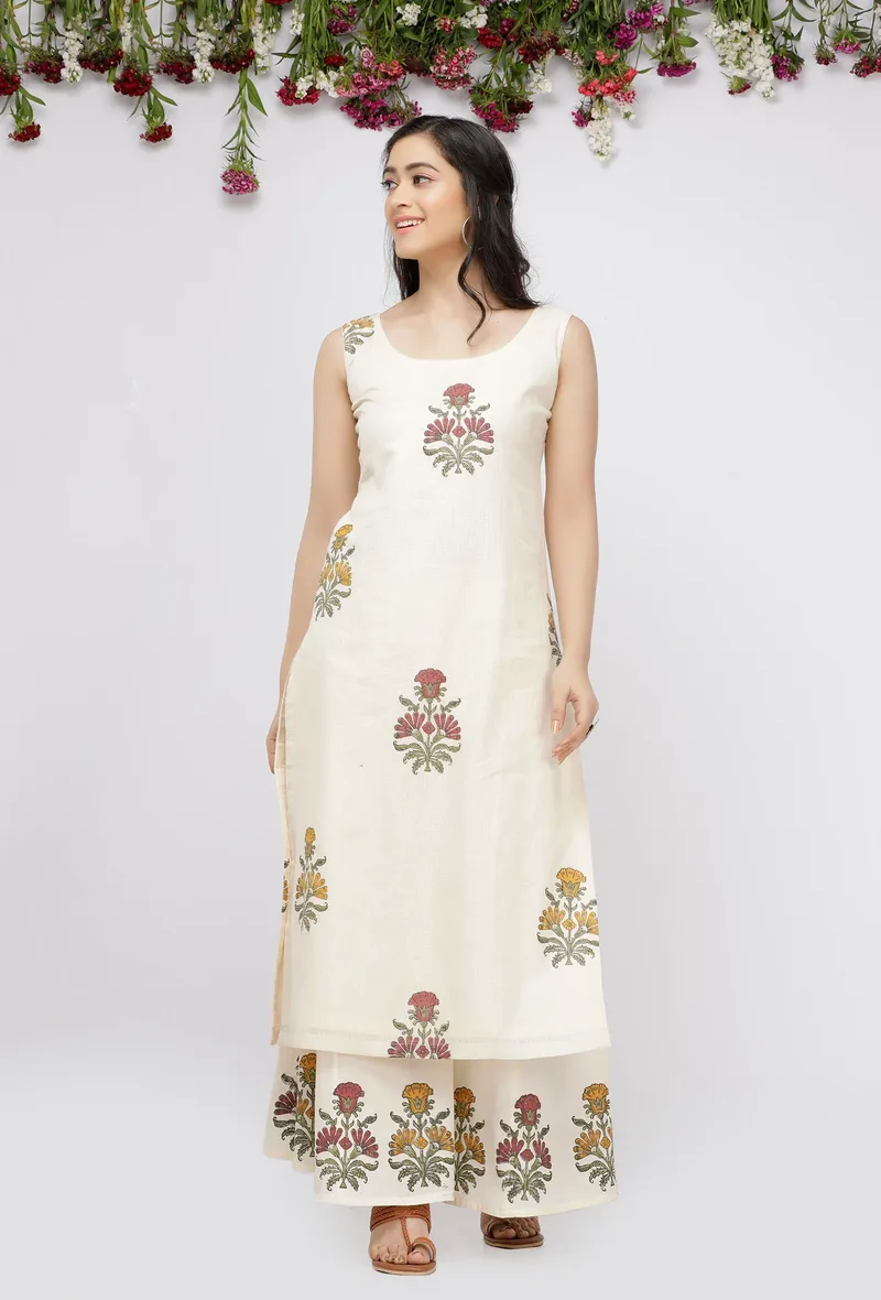Set of 2 : Off White Kota Hand-Block Printed Kurta and Cotton Pallazo