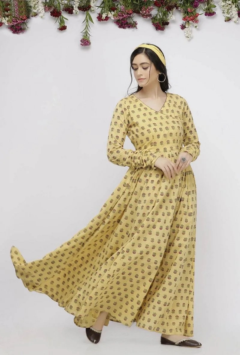 Yellow Long Gathered Hand-Block Printed Cotton Kurta