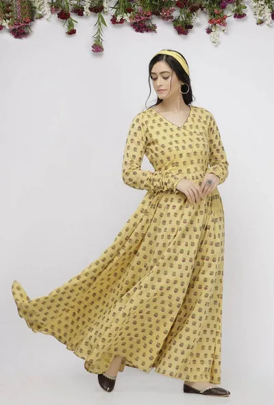 Yellow Long Gathered Hand-Block Printed Cotton Kurta