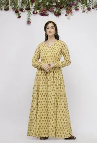 Yellow Long Gathered Hand-Block Printed Cotton Kurta image 2