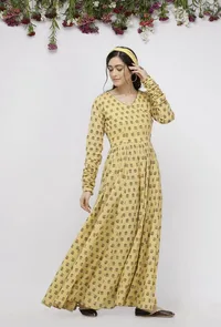 Yellow Long Gathered Hand-Block Printed Cotton Kurta image 3