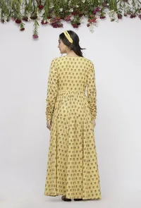 Yellow Long Gathered Hand-Block Printed Cotton Kurta image 4