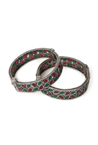 Oxidized Silver Bangle Set With Green & Red Stones image 2