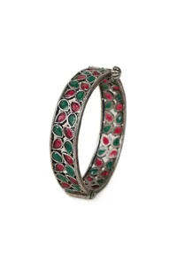Oxidized Silver Bangle Set With Green & Red Stones image 3