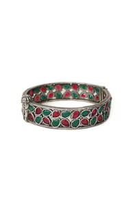 Oxidized Silver Bangle Set With Green & Red Stones image 4