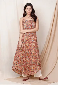 Red Block Printed Kalamkari Cotton Slip Kurta image 1