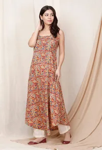 Red Block Printed Kalamkari Cotton Slip Kurta image 3