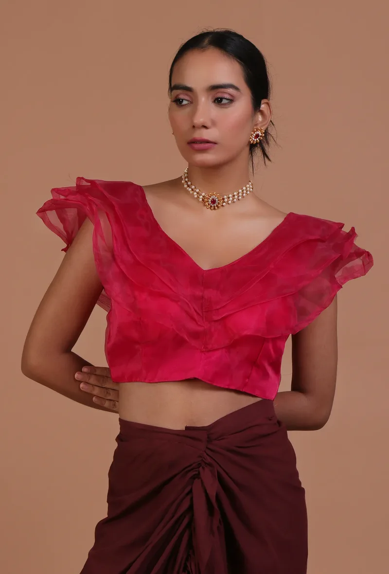 Dark Pink Color Organza Plain Blouse