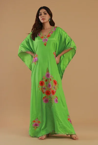 Aari Embroidered Satin Green Kashmiri Kaftan- Free Size