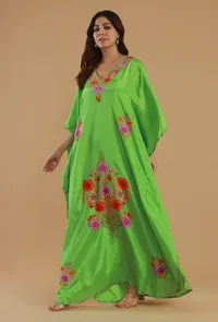 Aari Embroidered Satin Green Kashmiri Kaftan- Free Size image 2