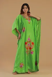 Aari Embroidered Satin Green Kashmiri Kaftan- Free Size image 3