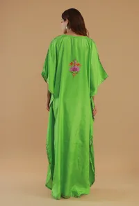 Aari Embroidered Satin Green Kashmiri Kaftan- Free Size image 4